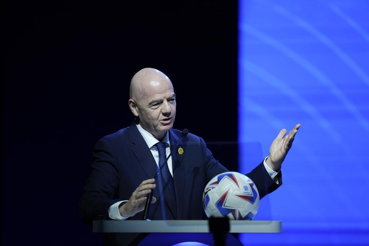 FIFA President Ganni Infantino addresses the 78th Conmebol Congress in Luque, Paraguay, Thursday, April 11, 2024. (AP Photo/Jorge Saenz)