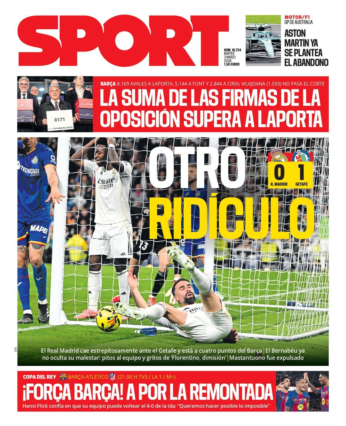 Esta es la portada de SPORT de hoy martes, 3 de marzo de 2026