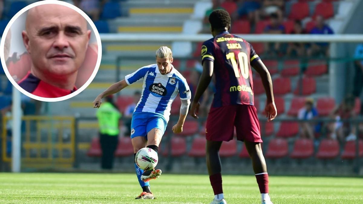 Escudero, en un partido con el Deportivo golpea el balón.