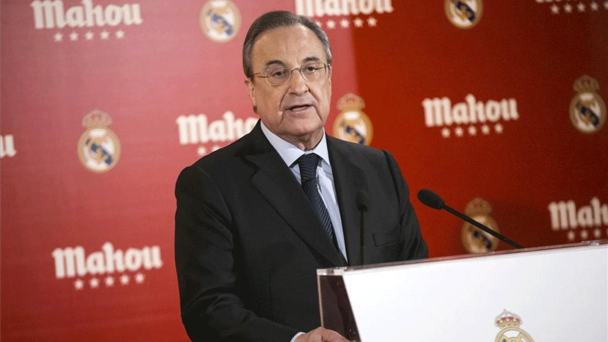 Florentino, durante su discurso en la presentación del acuerdo entre el Real Madrid y Telefónica