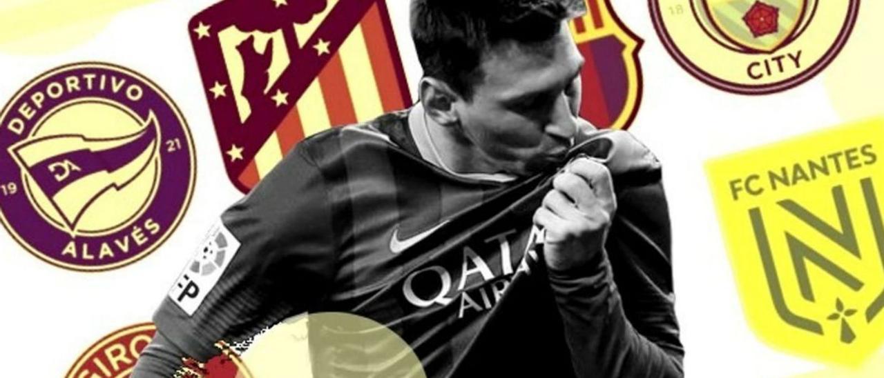 Una imagen de Messi en su etapa azulgrana, con varios escudos de clubes de fútbol al fondo. |  // L. O.