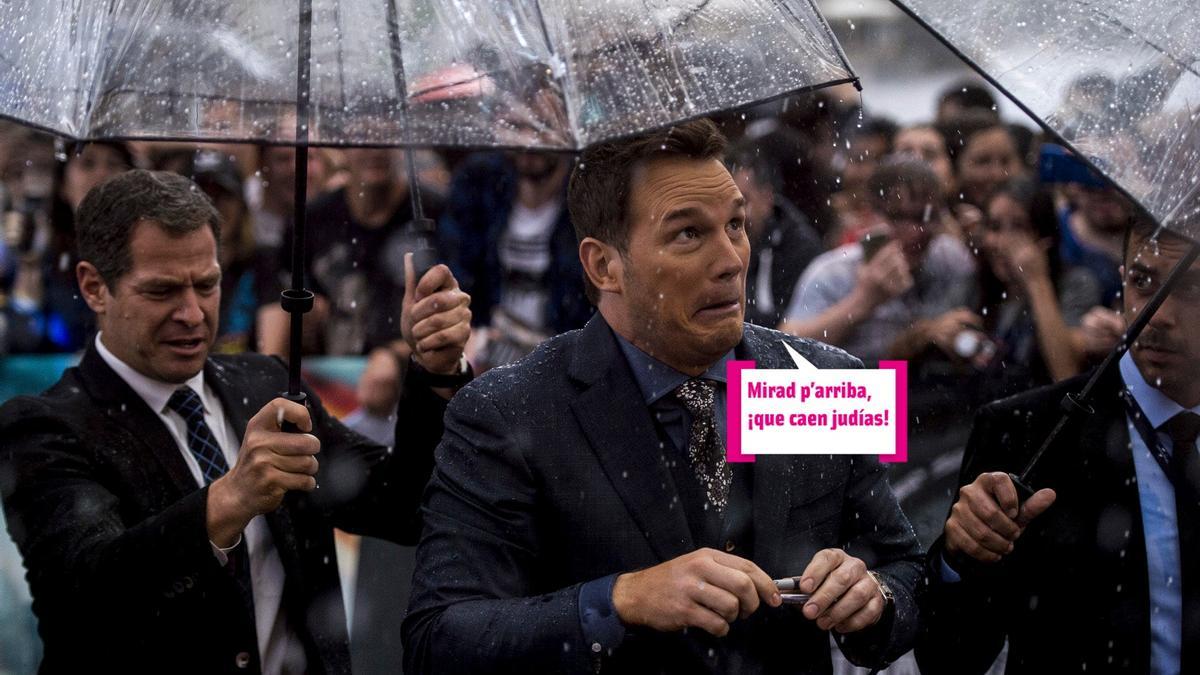 Chris Pratt sufre una tormenta madrileña en el estreno de 'Jurassic World'