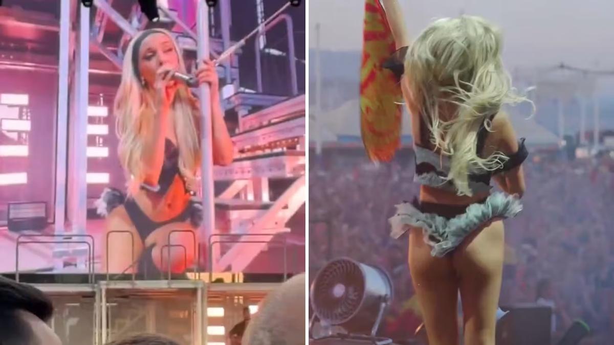 La cantante Ana Mena durante su celebración del pase a semifinales de España en pleno concierto.