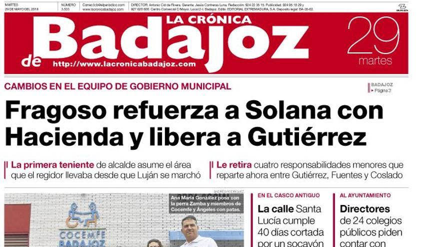 Esta es la portada de LA CRÓNICA DE BADAJOZ correspondiente al día 29 de mayo del 2018