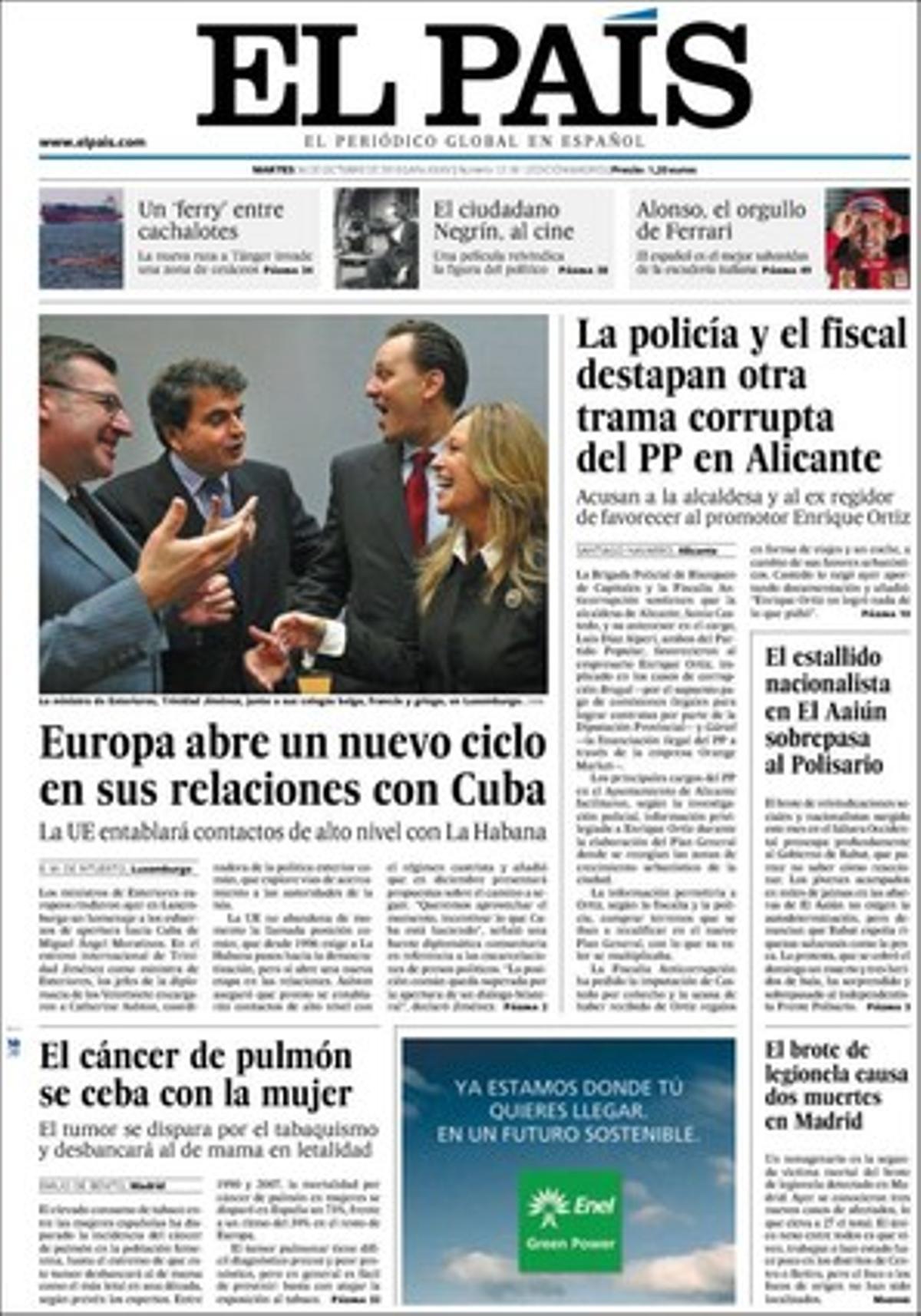 A dins ’El País’ ressalta que el president de l’Afganistan admet que rep bosses de diners de l’Iran, que Eslovènia elegeix el primer alcalde negre de l’Europa de l’Est, que Cospedal va doblar els seus ingressos després de ser número dos del PP, que el Tresor dels Estats Units col·loca bons amb tipus reals negatius per primera vegada, que Spanair perd 186 milions d’euros en el seu primer any en mans catalanes, que CiU i el PP rebutgen un manifest d’entitats del Raval contra la xenofòbia, i que el càncer de pulmó serà el més mortal en dones el 2020.