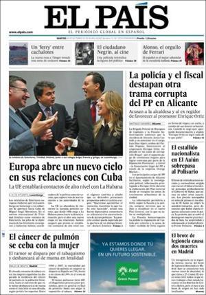 A dins ’El País’ ressalta que el president de l’Afganistan admet que rep bosses de diners de l’Iran, que Eslovènia elegeix el primer alcalde negre de l’Europa de l’Est, que Cospedal va doblar els seus ingressos després de ser número dos del PP, que el Tresor dels Estats Units col·loca bons amb tipus reals negatius per primera vegada, que Spanair perd 186 milions d’euros en el seu primer any en mans catalanes, que CiU i el PP rebutgen un manifest d’entitats del Raval contra la xenofòbia, i que el càncer de pulmó serà el més mortal en dones el 2020.