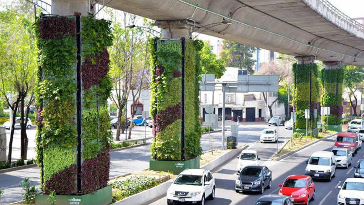 Primeras columnas cubiertas de verde en la Ciudad de México.