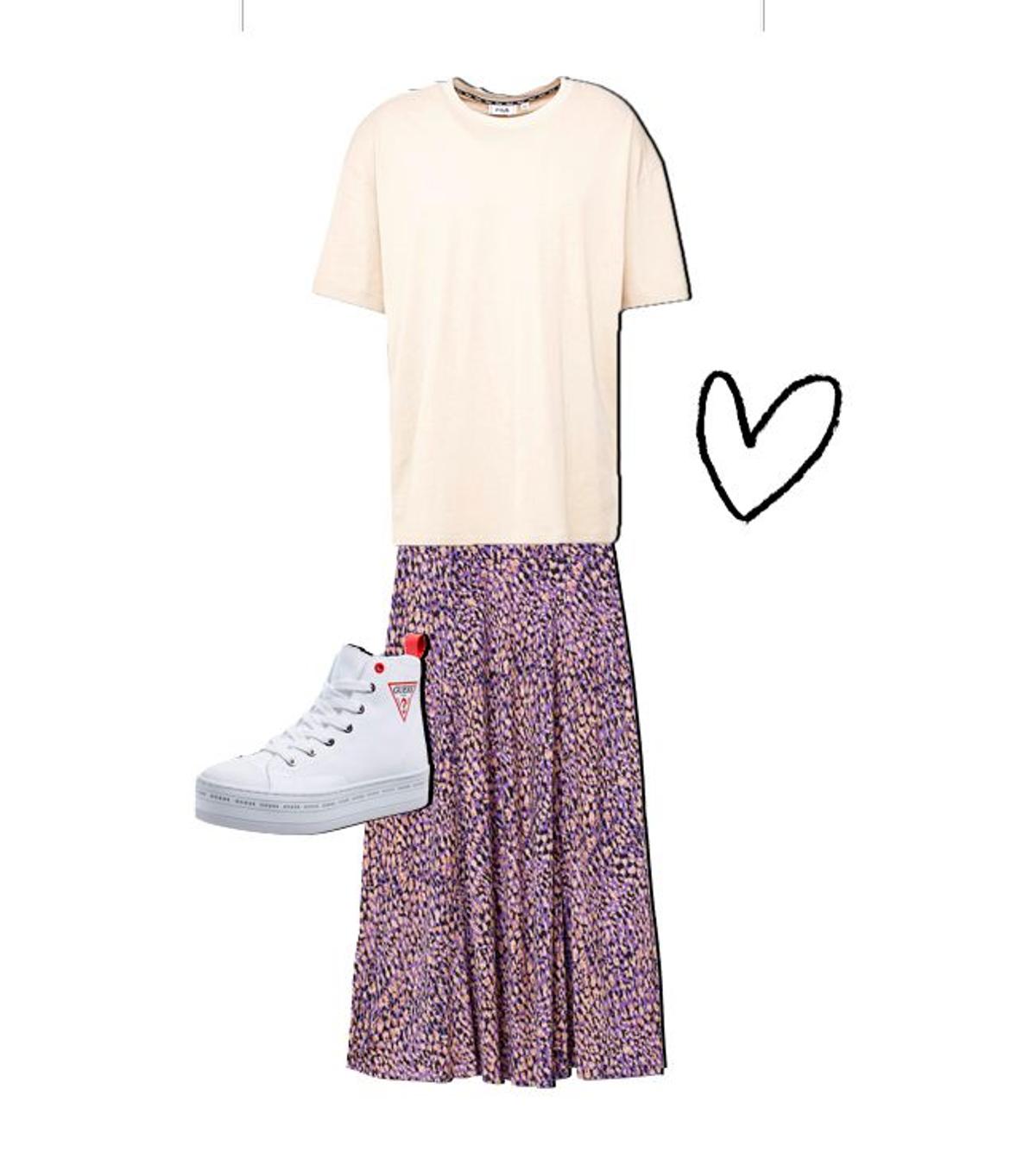 Camiseta básica, falda de flores estampada y zapatillas deportivas blancas Guess