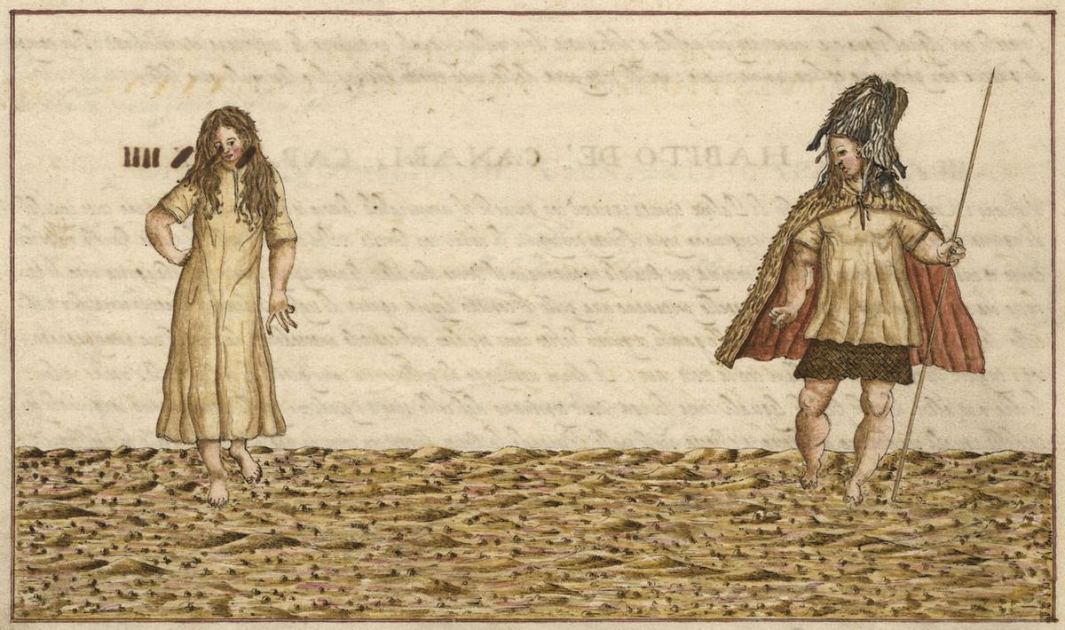 Dibujo de Leonardo Torriani en el siglo XVI en el que intentó representar a los canarios según las descripciones leídas en crónicas.