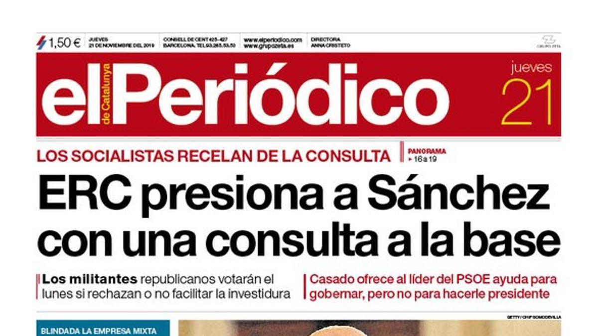 La portada de EL PERIÓDICO del 21 de noviembre del 2019