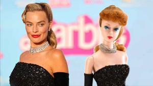 Margot Robbie, vestida con un modelo Schiaparelli a imagen y semejanza de la Barbie ’Solo in the Spotlight’ de 1960.