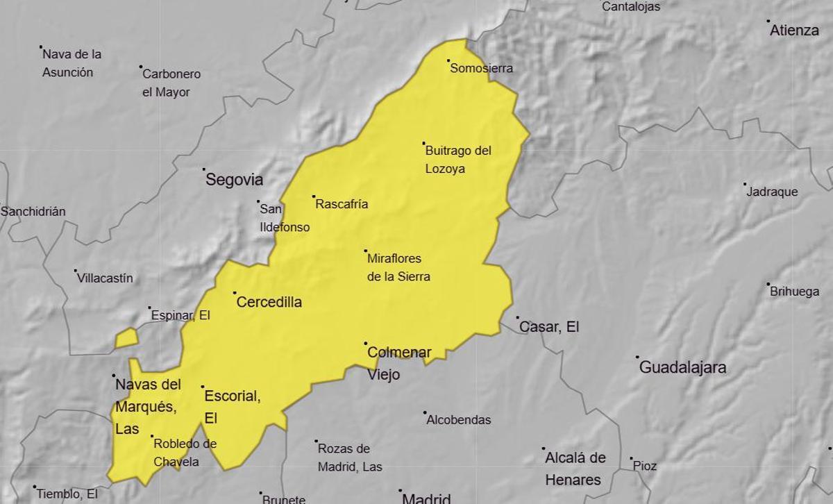Mapa del aviso amarillo de la Aemet