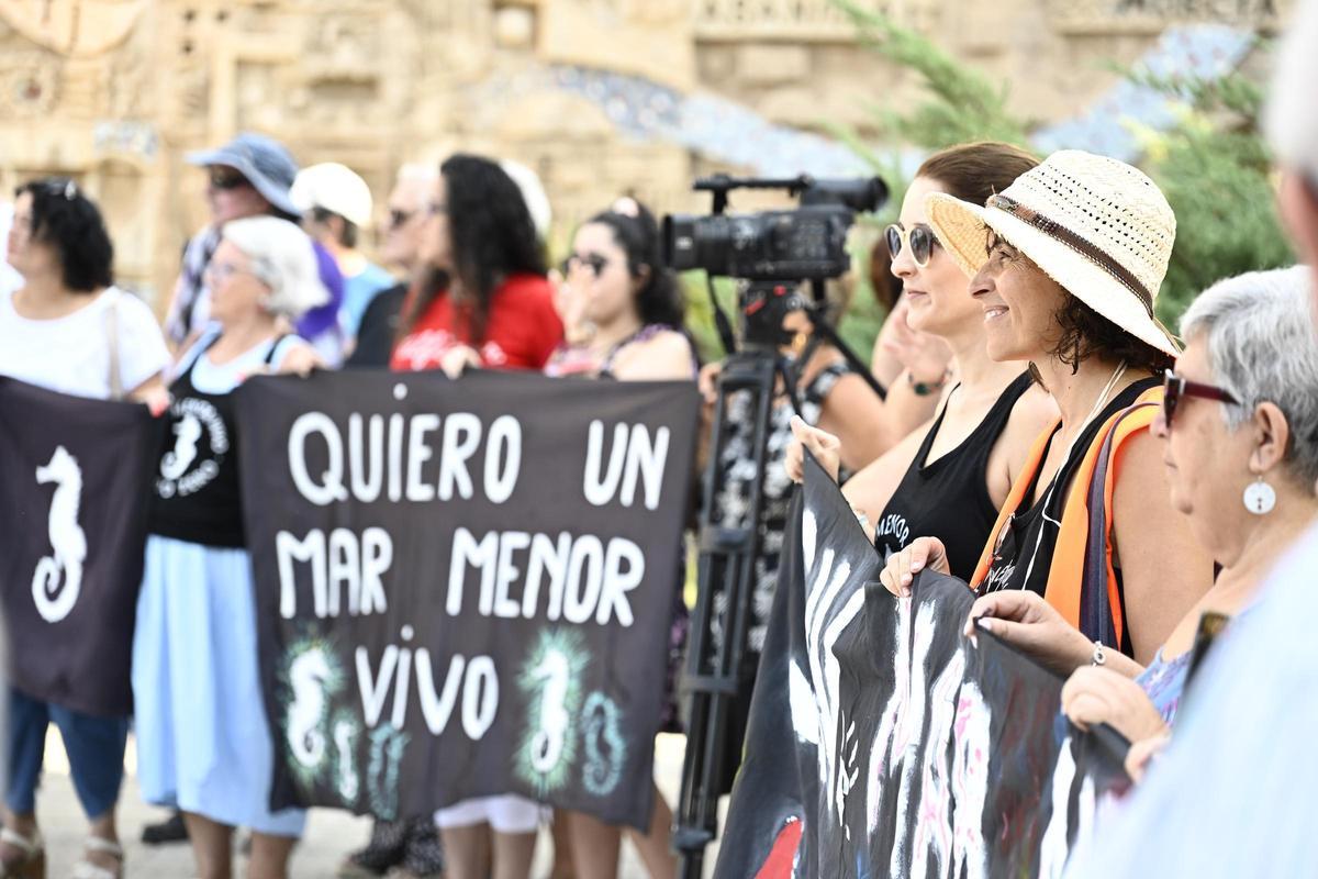 Manifestantes piden la protección  del Mar Menor frente a la Asamblea Regional.