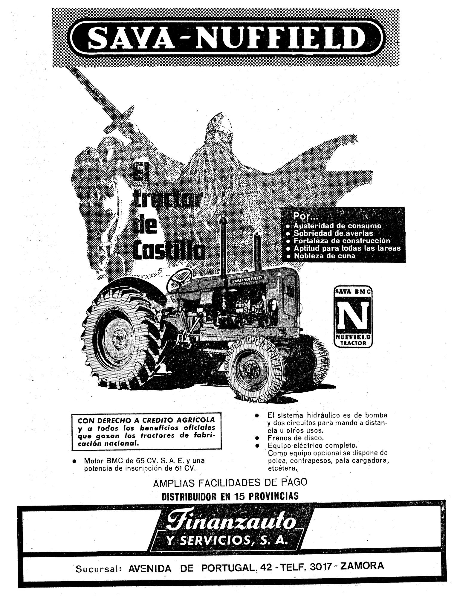 “Sava-Nuffierld. El tractor de Castilla”. Anuncio publicado en El Correo de Zamora, 3 de marzo de 1968 que juega con la imagen del Cid a partir del monumento de Juan Cristóbal González Quesada en Burgos.