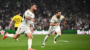 Carvajal y Nacho celebran el primer gol de la final de la Champions, marcado por el lateral.