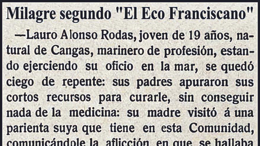 Un recorte de &quot;El Eco Franciscano&quot; falando do mariñeiro de Cangas que recuperou a vista milagrosamente.