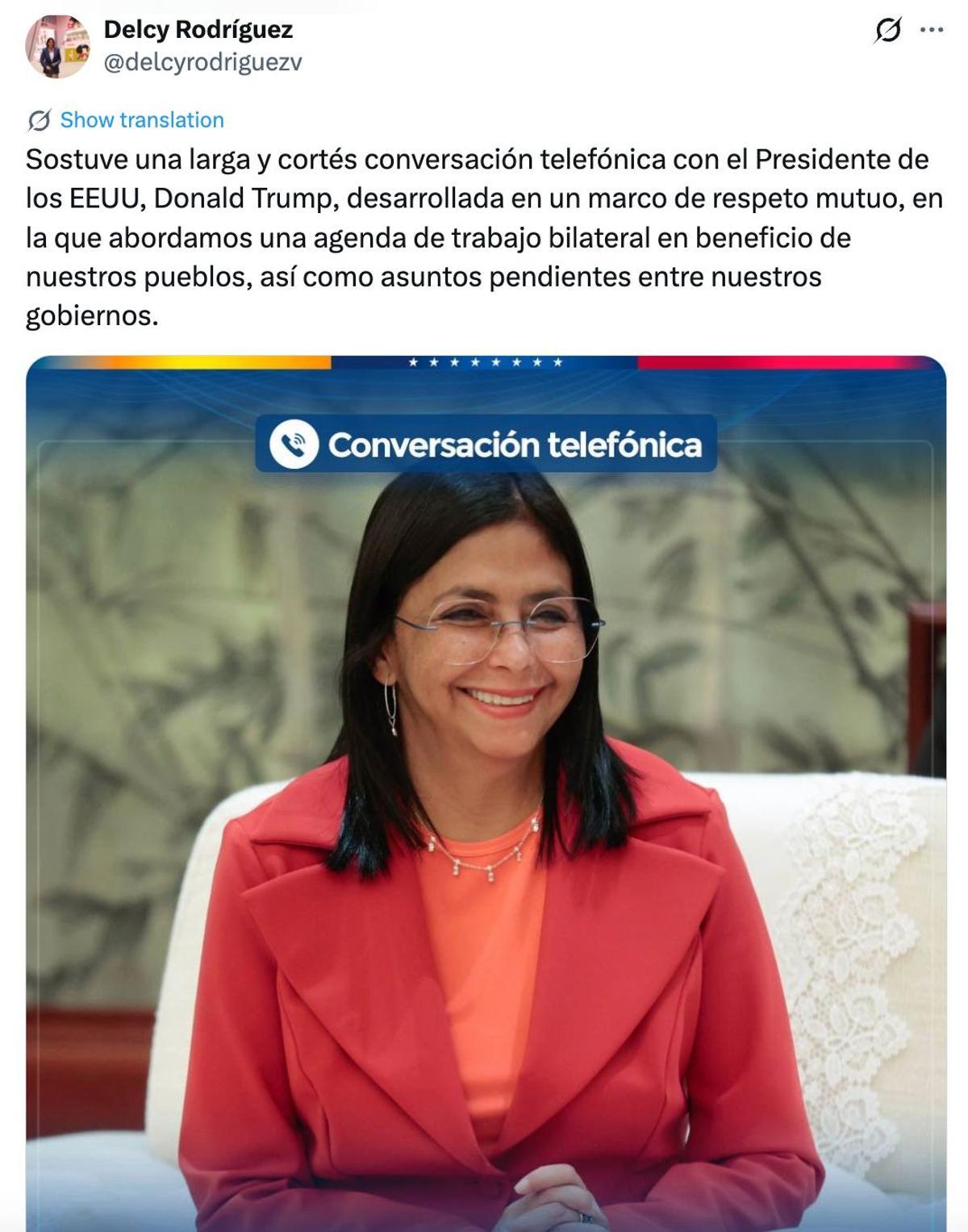 Delcy Rodriguez destaca diálogo "cortés con Trump