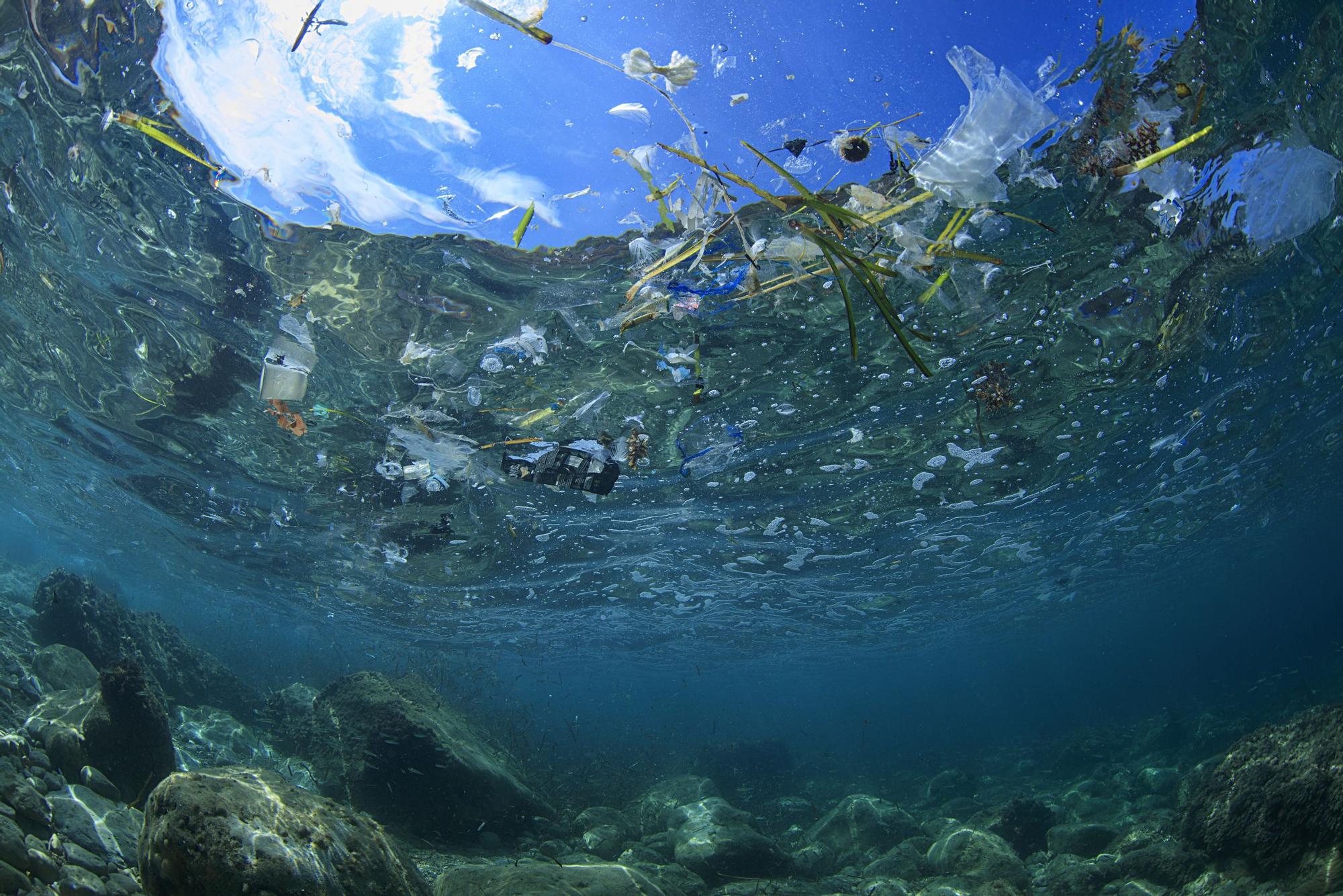 Basura flotando en el agua en es Pas de s’Illa