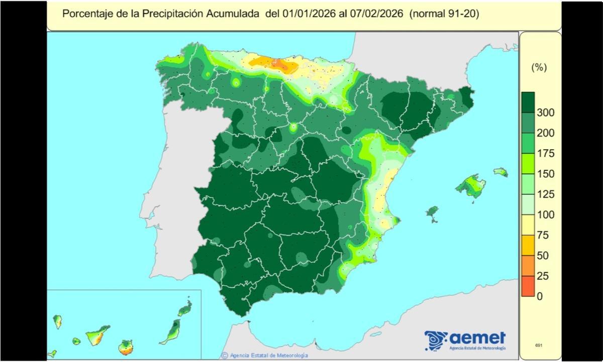 Porcentaje de precipitación acumulada desde el inicio del año, en relación a una escala normal.