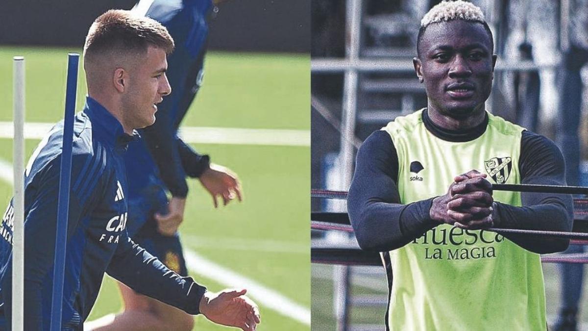 Bazdar y Soko, en los entrenamientos del Real Zaragoza y el Huesca, ayer.