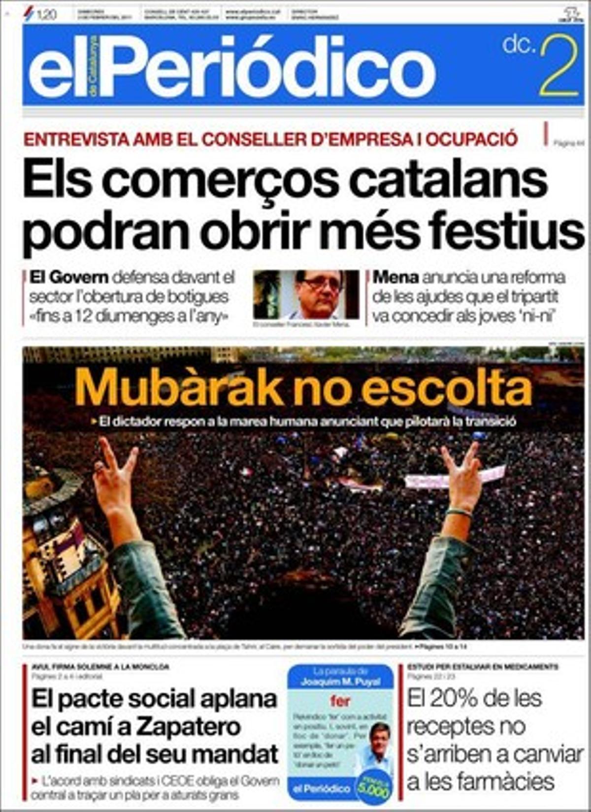 EL PERIÓDICO destaca a més que l’Executiu català aplaca l’alarma creada per Oriol Pujol (CiU) sobre les nòmines de la Generalitat, que Blanco corregeix Zapatero i li recorda que el candidat l’elegeix el PSOE, i que el PP es distancia del discurs antiautonomista d’Aznar però evita polemitzar amb ell. També que el Clínic prova amb èxit una vacuna per a infectats pel VIH, que els canvis a les ’zones 80’ divideixen els alcaldes, que el Govern planeja vetar el burca a tot Catalunya, que el primer bloc social de la plaça d’Europa de l’Hospitalet agonitza amb només un any per defectes de construcció, que dos menors estan a l’uci per beure alcohol de cremar i que els modistes beneeixen la continuïtat d’un 080 amb primeres figures.