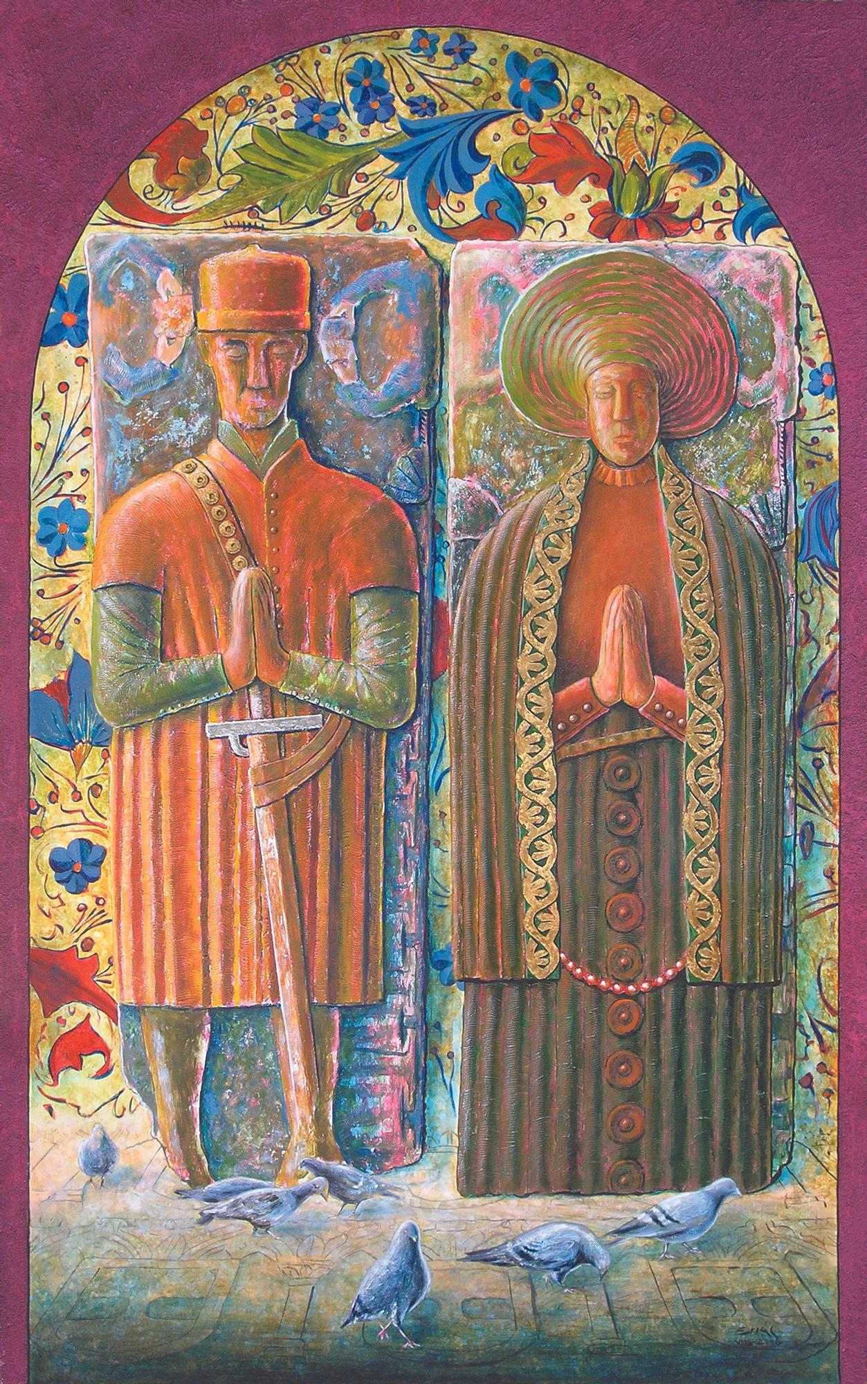 Los esposos Alfonso de Carballido, “mercader”, y Clara Sánchez, interpretados a partir de sus sepulcros del Museo das Mariñas (Betanzos). Pintura elaborada por Alfredo Erias con la técnica mixta sobre tabla (2006, colección “Xente no Camiño”).