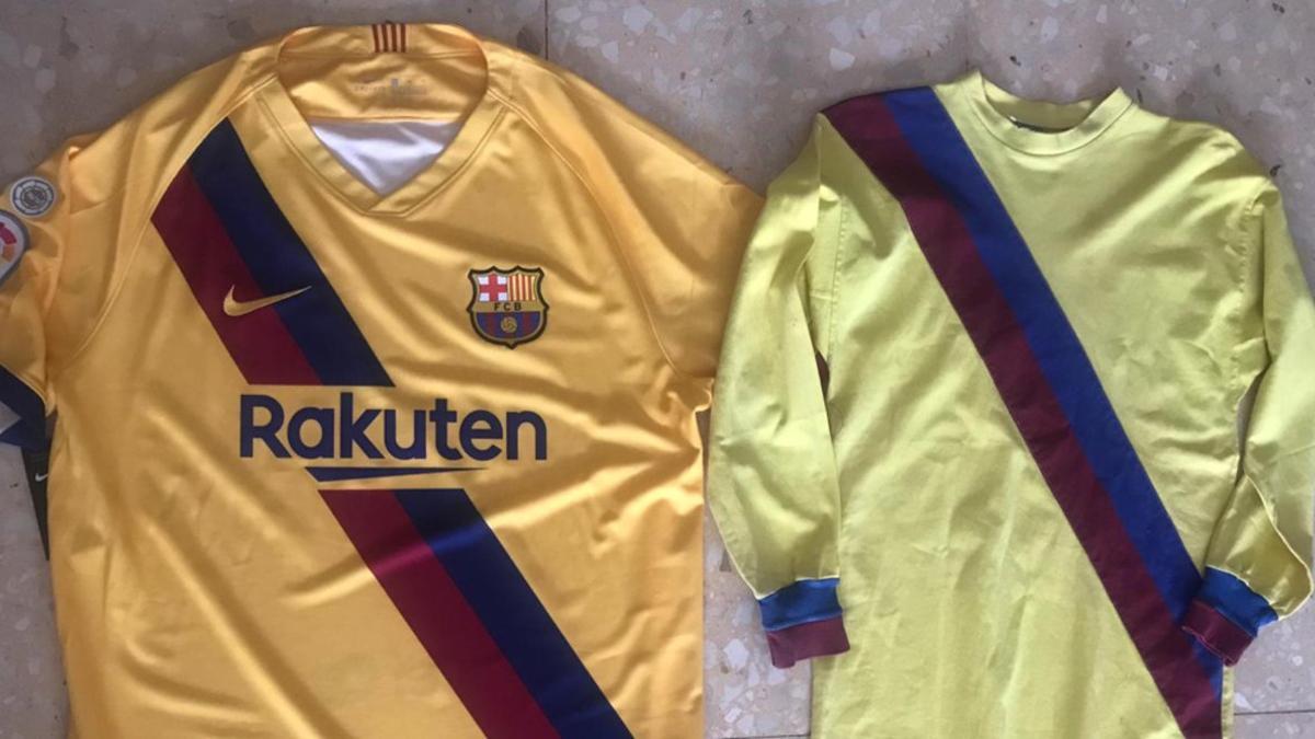 La camiseta amarilla con franja azulgrana cruzada de 2019 y la de 1976