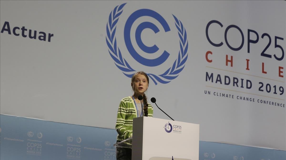 Greta Thunberg, durante su intervención en el plenario de la Cumbre del Clima en Madrid.