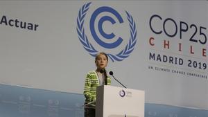 Greta Thunberg, durante su intervención en el plenario de la Cumbre del Clima en Madrid.