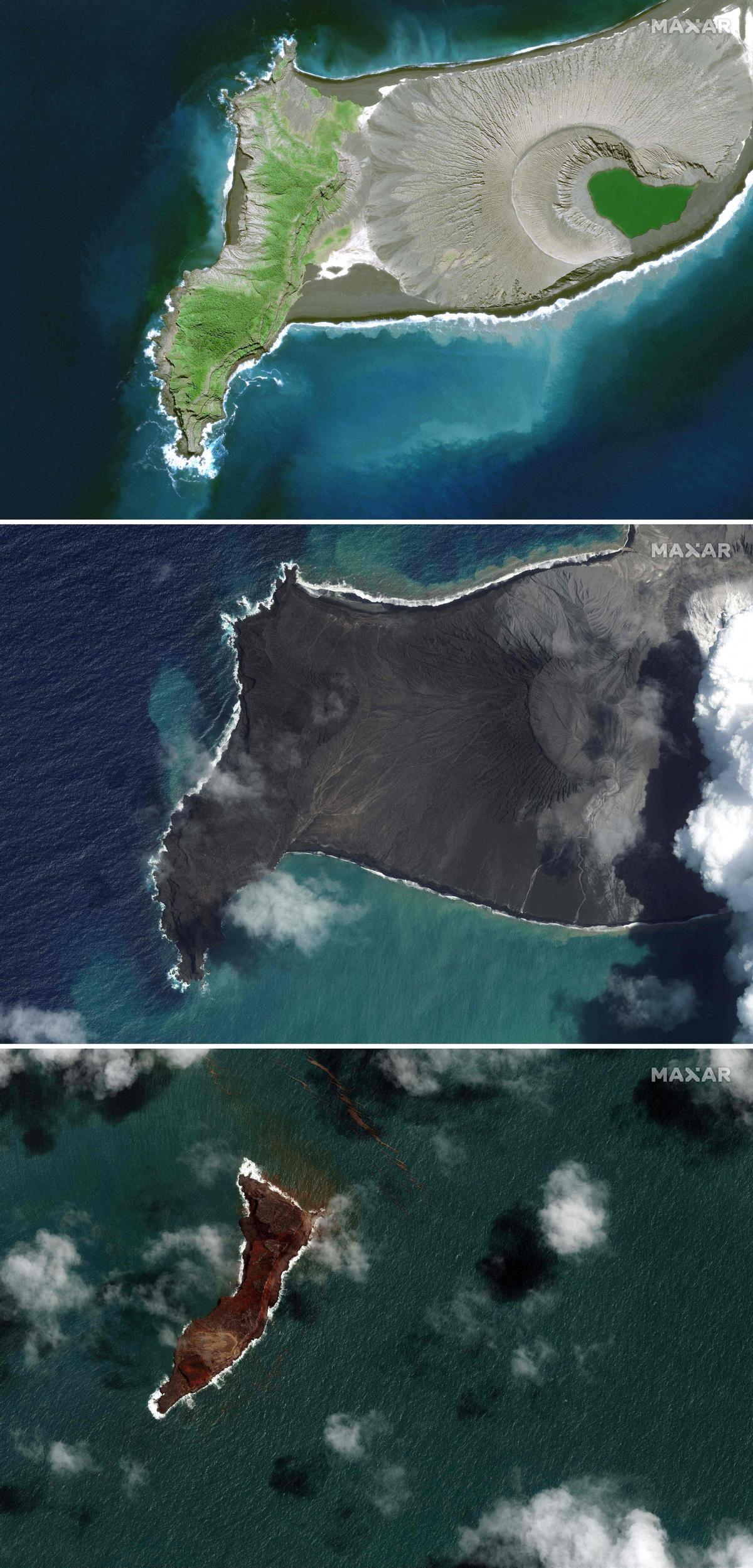 El volcán Hunga Tonga-Hunga Haa’pai, en Tonga, en tres imágenes: el 10 de abril del 2021 (arriba), el 6 de enero del 2022 (centro) y el 18 de enero del 2022 (abajo).