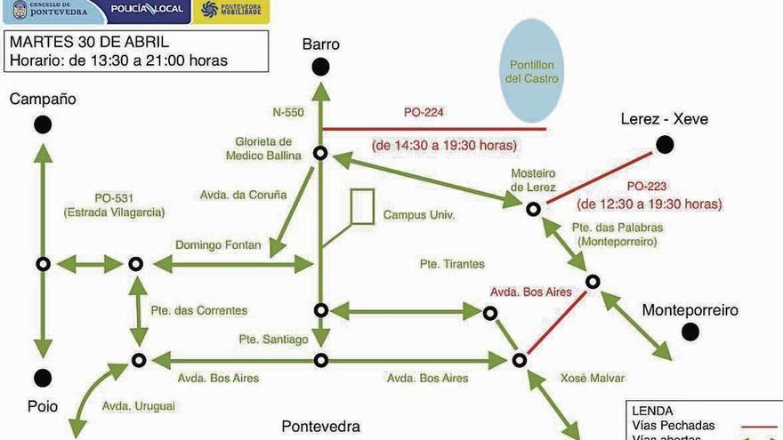 Gráfico de la Policía Local que muestra las vías afectadas por las pruebas de hoy. // Policía Local