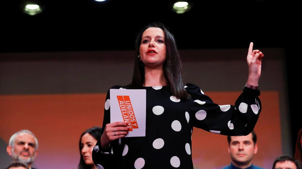 La portavoz de Cs en el Congreso, Inés Arrimadas, durante la presentación de su campaña