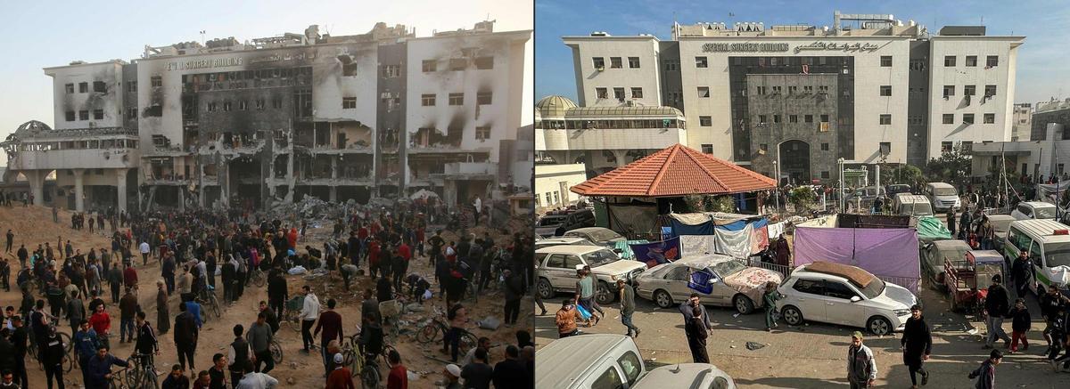 Esta combinación de imágenes creadas el 1 de abril de 2024 muestra los daños en el hospital Al-Shifa de Gaza después de que el ejército israelí se retirara del complejo que alberga el hospital el 1 de abril de 2024 (L), y los palestinos desplazados se reunieron en el patio del hospital Al-Shifa de Gaza. Hospital Shifa el 10 de diciembre de 2023, mientras continúan las batallas entre Israel y el grupo militante Hamas en el territorio palestino.