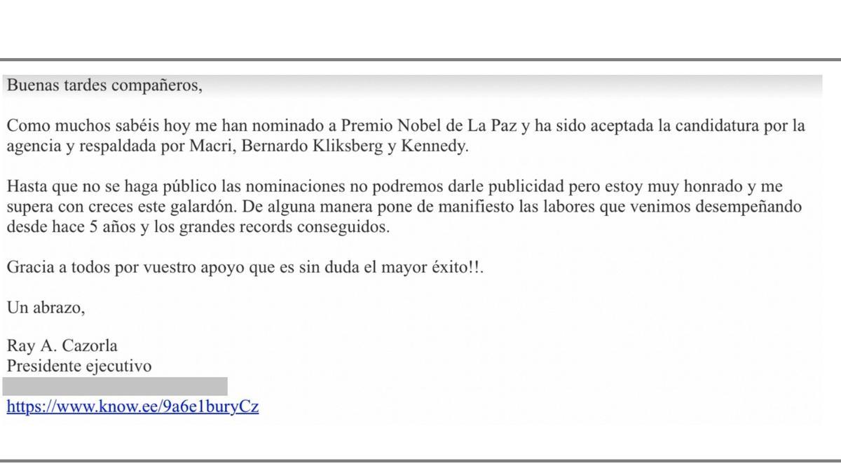 Correo electrónico en el que Cazorla anunció que había sido nominado al Nobel de la Paz.