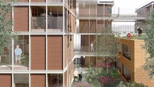 Render del proyecto ganador para la rehabilitación de un colegio convertido en viviendas para mayores en Fuenlabrada.