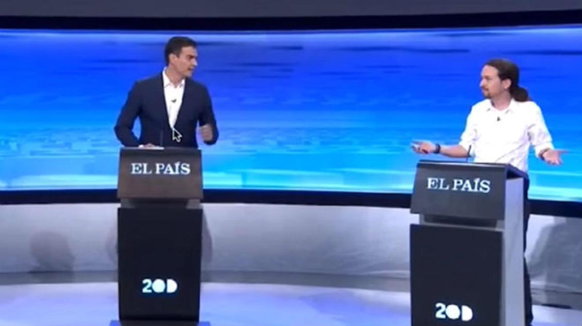 Debat electoral entre Pedro Sánchez, Pablo Iglesias i Albert Rivera, en què el socialista va negar el fitxatge de Trinidad Jiménez per Telefónica.