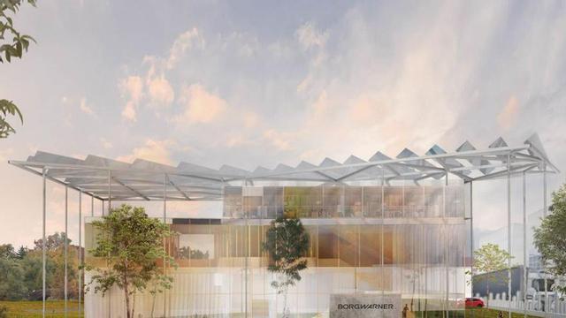 Sobre estas líneas, recreación del edificio de BorgWarner, diseñado por Irisarri &amp; Piñera. A la izquierda, acto de ayer. |   // CEDIDA / A. A.