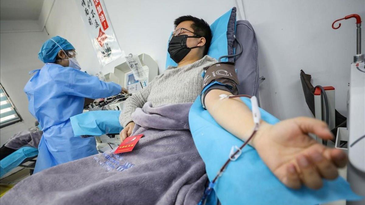 Un doctor que ha superado la infección por coronavirus dona plasma en un hospital de Wuhan