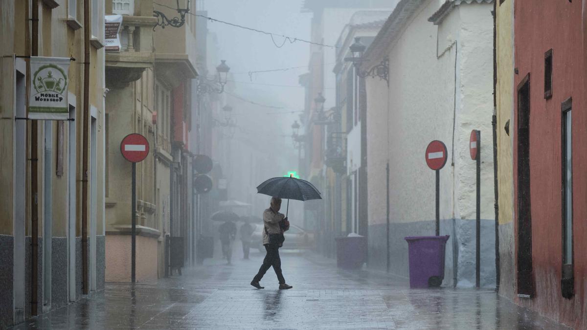 Un hombre pasea con paraguas bajo un chubasco en La Laguna, Tenerife.