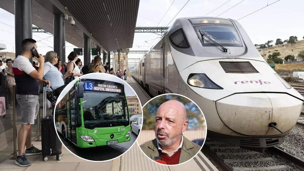 Tren Cáceres-Badajoz. En los círculos de abajo, un autobús urbano y el concejal de Movilidad, Pedro Muriel.