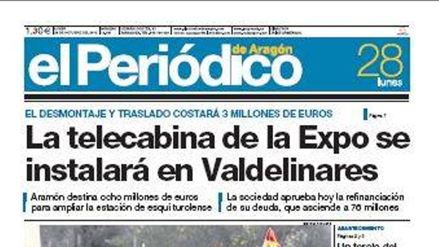 “La telecabina de la Expo se instalará en Valdelinares”, en la portada de EL PERIÓDICO DE ARAGÓN