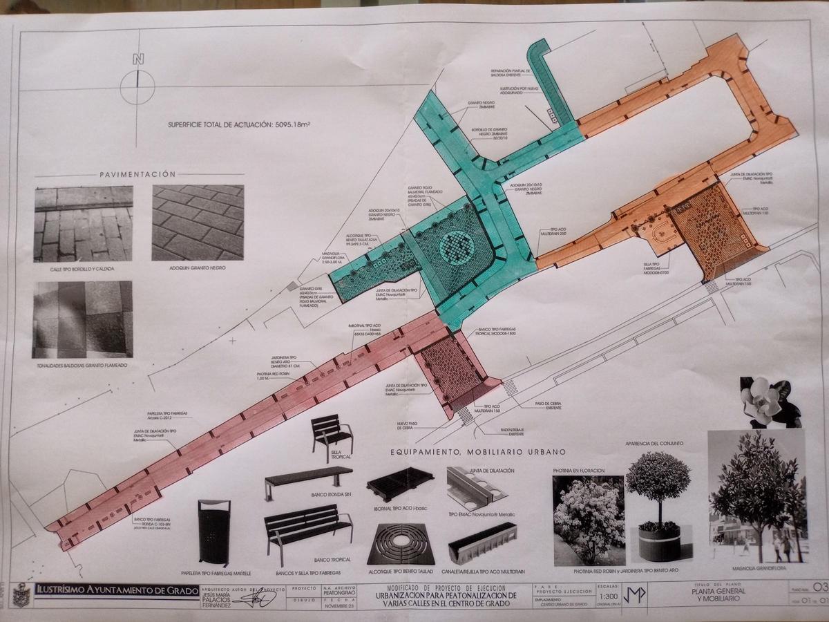 Plano de la obra de semipeatonalización completa facilitado por el Ayuntamiento, con cada una de las tres fases en un color distinto.