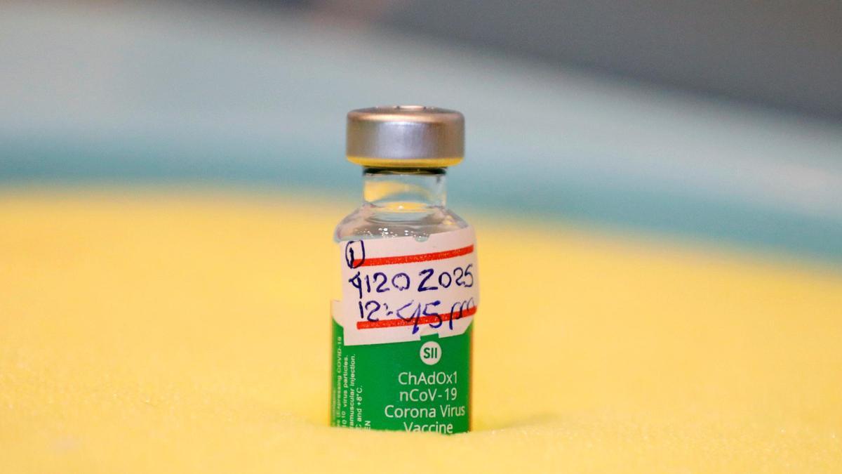 A vial with the Covishield coronavirus disease (COVID-19) vaccine is seen at the parliament in Naypyidaw