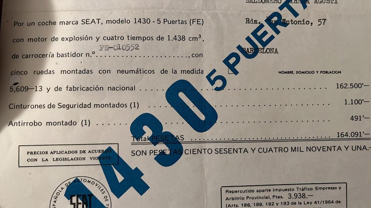 La factura del Seat 1430 del padre de Daniel Sirera.