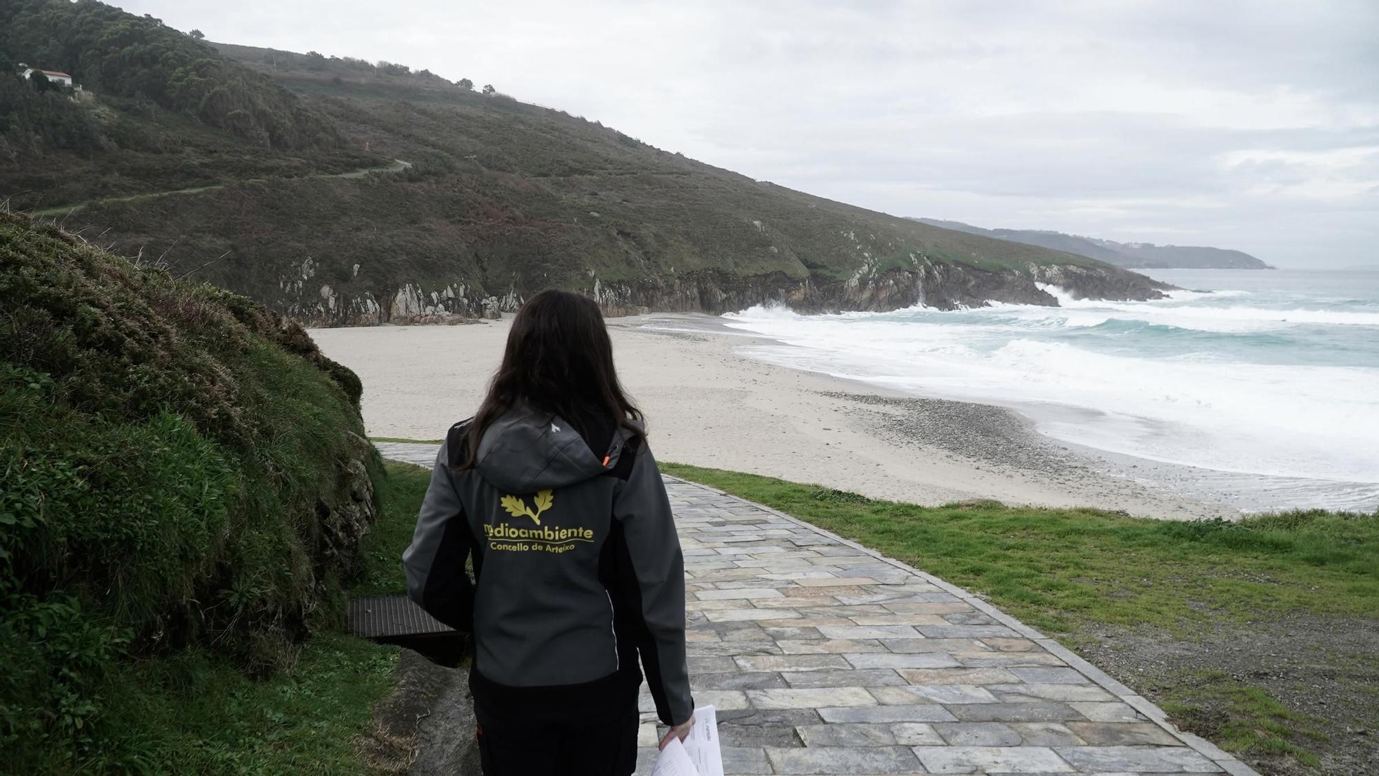 Una técnico de Medio Ambiente del concello de Arteixo inspeccionando una playa