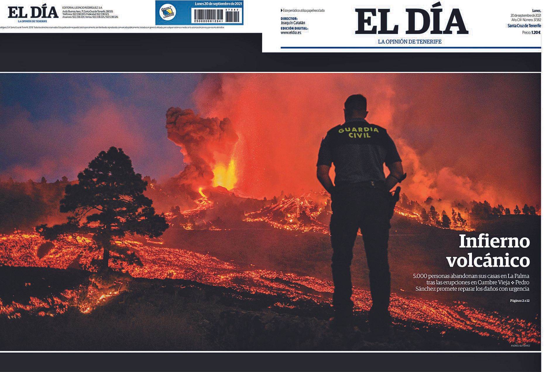 Portada del periódico El Día tras la erupción del volcán de La Palma.