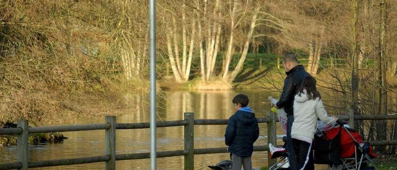 Vecinos en uno de los márgenes del lago del Pontiñas, al lado del auditorio municipal.