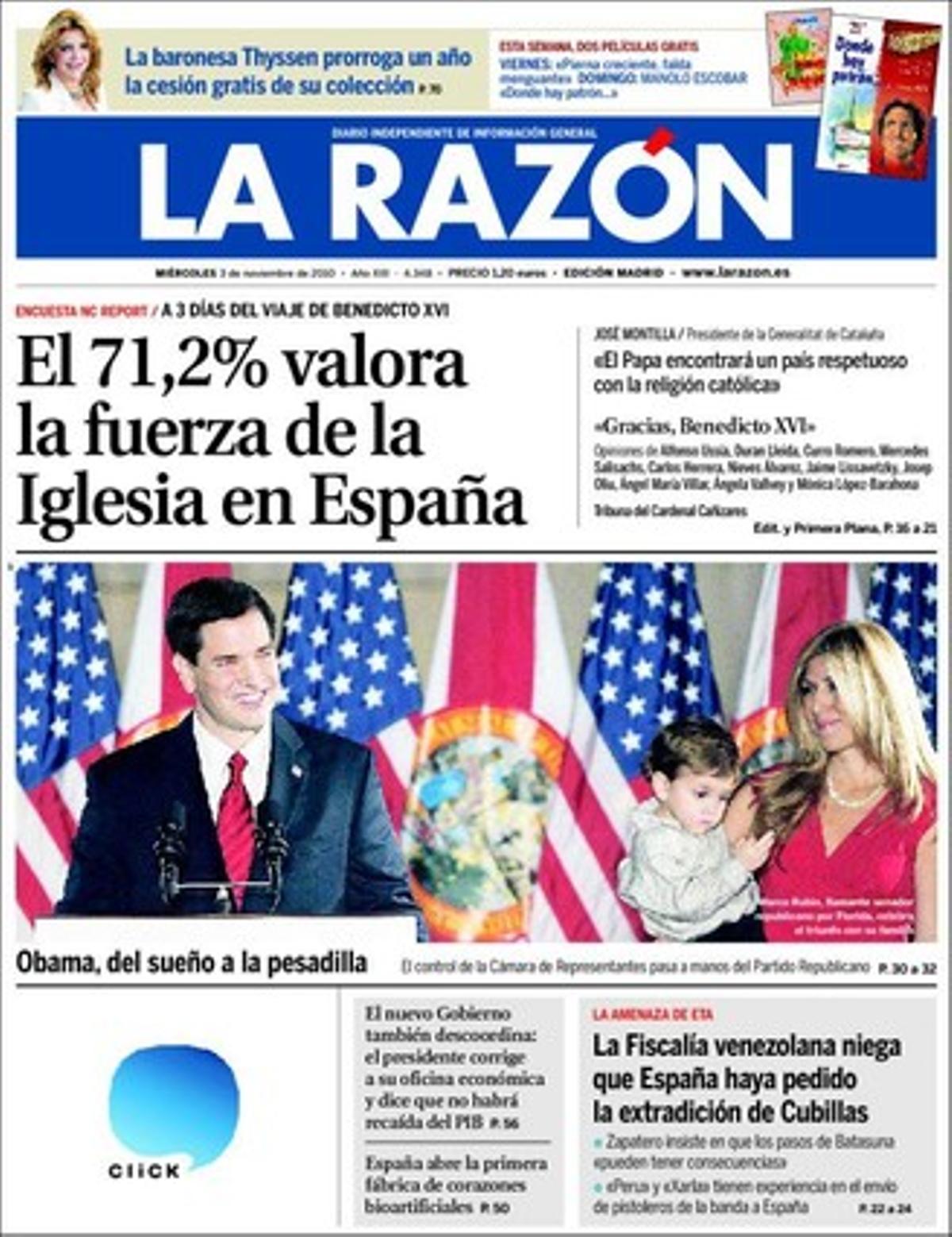 A les pàgines interiors ’La Razón’ explica que José Blanco ha acomiadat 20 treballadors del PSOE contractats per Leire Pajín el 2008, que el Ministeri de l’Interior ha detectat 17 bandes que exploten dones a Espanya, i que la caiguda de vendes de cotxes obligarà a tancar centenars de concessionaris.