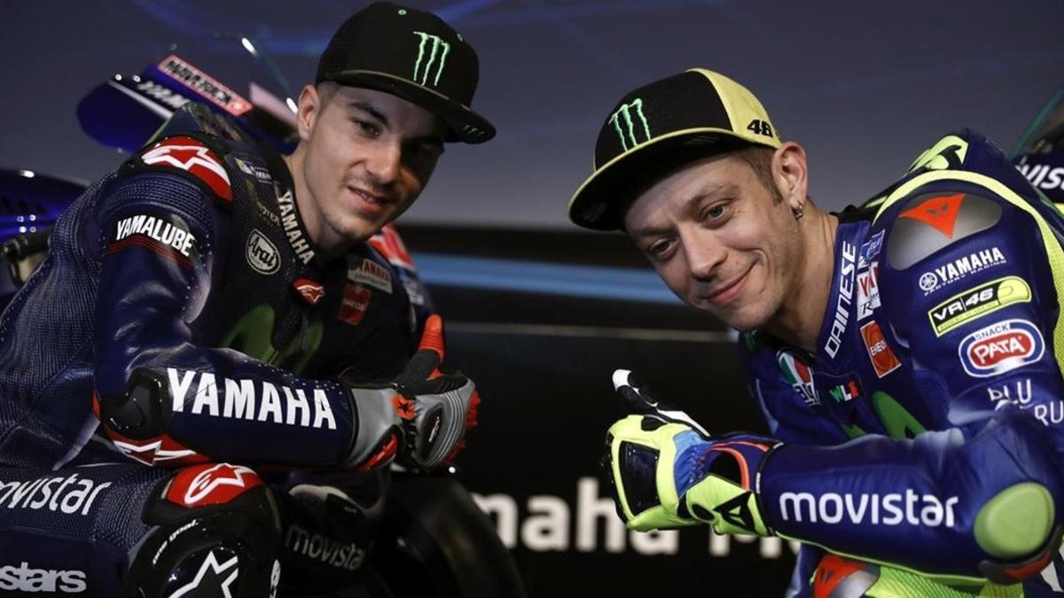 Maverick Viñales y Valentino Rossi, el día de la presentación, en Madrid, del equipo Movistar-Yamaha.