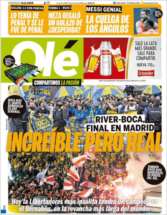 Portada OLÉ domingo 9 diciembre 2018